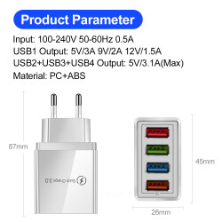 Адаптер питания Acgicea с 4 USB-портами и поддержкой быстрой зарядки 3.0, 45 Вт