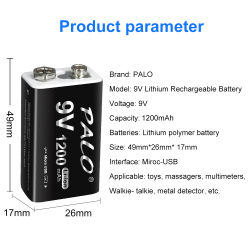 PALO 1200mAh Micro USB 9 V батарея перезаряжаемая 9 Вольт литий-ионная 6F22 литиевая батарея для радиоуправляемого вертолета модель микрофона игрушка