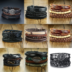 Плетеные кожаные браслеты Vnox для мужчин, 4 шт./компл., винтажные браслеты с шармами в виде древесного дерева, деревянные бусины, Этнические браслеты