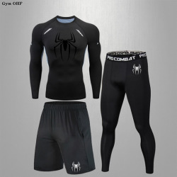 Комплект компрессионный мужской из 3 предметов, спортивный тренировочный костюм для активного отдыха, трусы, леггинсы, шорты с принтом паука