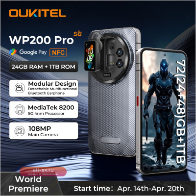 Oukitel WP200 Pro 5G Модульный прочный телефон Съемные наушники-SmartWatch 72 ГБ + 1 ТБ MTK8200 Смартфон 108 МП камера