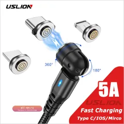 USLION 540 Вращающийся магнитный кабель 5А для быстрой зарядки типа C Mirco USB-шнур для передачи данных для iPhone 15 14 Pro Max Xiaomi 13 POCO Redmi