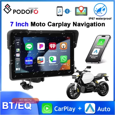 Podofo 7-дюймовый мотоцикл Carplay Android Авто-навигация GPS Мотоцикл DVR Bluetooth EQ IP67 Водонепроницаемый Airplay Android Cast 12 В
