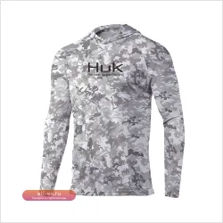 Футболка для рыбалки HUK мужская с длинным рукавом, капюшоном и защитой от солнца UPF 50+, камуфляж 