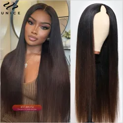 UNice UNice Hair Парик из 100% Натуральных Волос с Yaki текстурой, цвет Каштановый Коричневый, V-образный вырез