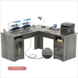 Угловой Компьютерный Стол для Дома и Офиса 152 см с Ящиками, USB и Розеткой