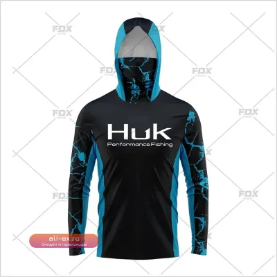 Худи HUK для рыбалки с принтом, защита шеи и УФ-излучения, быстросохнущее
