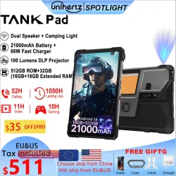 Unihertz Tank PAD 8849: Защищенный Android-планшет с проектором, 10.95" FHD, 32/512GB, Dimensity 8200, 21000mAh