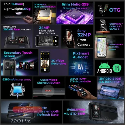 HOTWAV Cyber 15: Защищенный Смартфон 24ГБ ОЗУ, 256ГБ Памяти, 200Мп Камера, 120Гц