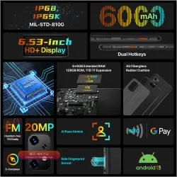 UMIDIGI BISON X20: Смартфон Android 13, 6.53", NFC, 6000mAh, 12GB RAM, 128GB ROM, 20MP Камера, Защита IP68/IP69K