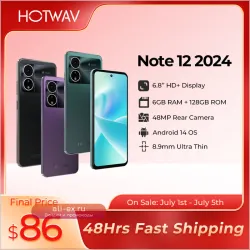 Смартфон HOTWAV Note 12 2024: 6.8", Android 14, 16(6+10)ГБ ОЗУ, 128ГБ, 48Мп камера, 5160мАч, тонкий корпус