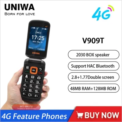 UNIWA V909T 4G раскладушка с двумя экранами и русской клавиатурой для пожилых, 2250 мАч