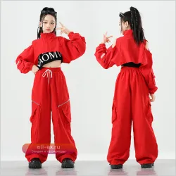 Костюм для танцев в стиле хип-хоп для девочек, K-Pop, джаз, модный комплект: красные кроп-топы и штаны для групповых выступлений и стрит-дэнса.