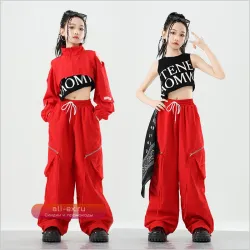 Костюм для танцев в стиле хип-хоп для девочек, K-Pop, джаз, модный комплект: красные кроп-топы и штаны для групповых выступлений и стрит-дэнса.