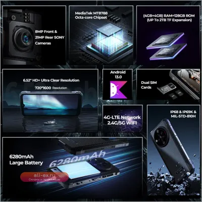 HOTWAV T7: Надежный 4G Смартфон, 6.52" HD+, 4/128GB, Android 13, 21MP, 6280mAh