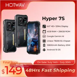 HOTWAV Hyper 7S - Защищенный Смартфон Android 15, 10800mAh, 20W, 5G, 4GB/256GB, 6.6" 120Hz