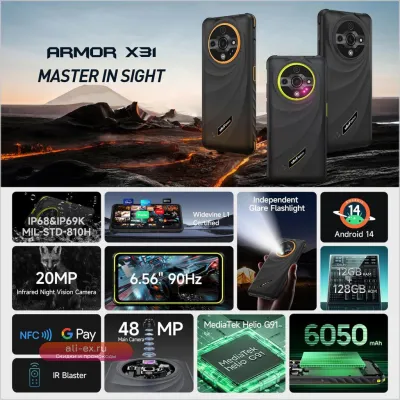 Ulefone Armor X31: Защищенный смартфон 6/128ГБ, 6.56" экран, 48МП камера с ночным видением, батарея 6050мАч, Android 14, NFC, Global