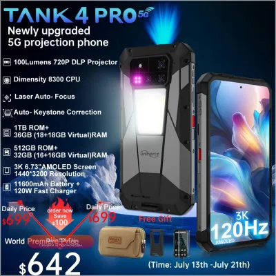 Смартфон Unihertz 8849 Tank 4 Pro 5G с проектором 720P, Dimensity 8300, 36GB+1TB