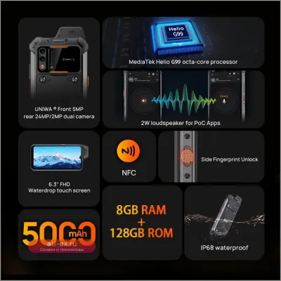 Защищенный смартфон UNIWA W999 с рацией, NFC, Helio G99, 8/128GB, Android 13, ATEX