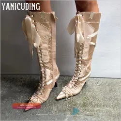 Ботильоны до колена из сатина Nude & Pink на деревянном каблуке с декоративной шнуровкой и лентами – Sweet Fashion Style, ручная работа