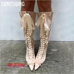 Ботильоны до колена из сатина Nude & Pink на деревянном каблуке с декоративной шнуровкой и лентами – Sweet Fashion Style, ручная работа