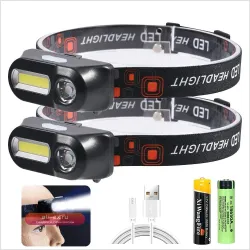 Налобный фонарь Bright LED с USB-зарядкой, аккумулятором 18650, двойным источником света для кемпинга и охоты