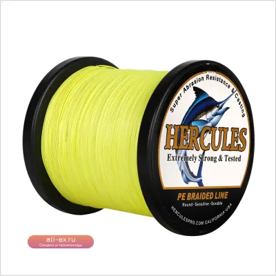 Леска Hercules Fishing Line 12 нитей, флуоресцентно-желтая, 300/500/1000м, 10-420LB, плетенка, устойчивая к истиранию, без растяжения