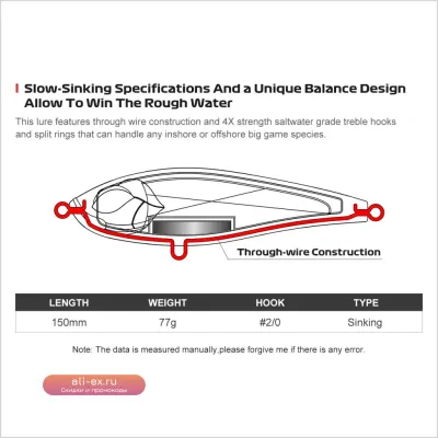 Noeby Stickbait Pencil 150мм 77г тонущий, для морской рыбалки, с 4X крючками