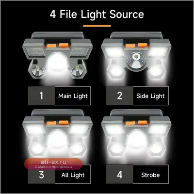 Налобный фонарь 5 LED с USB зарядкой, мощный, для кемпинга и рыбалки