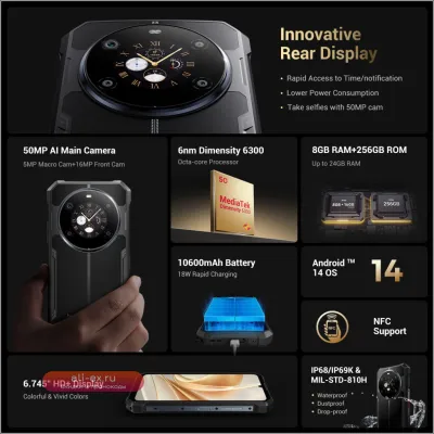 Fossibot F109 5G: Прочный смартфон 6.745" Android 14, 8/256GB, 10600mAh, 64MP NFC