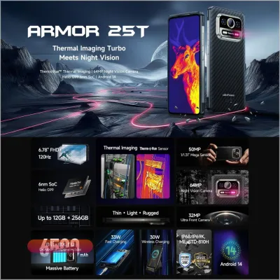 Ulefone Armor 25T 5G: Защищенный смартфон с тепловизором, Android 14, 6/256 ГБ, 6500 мАч, NFC
