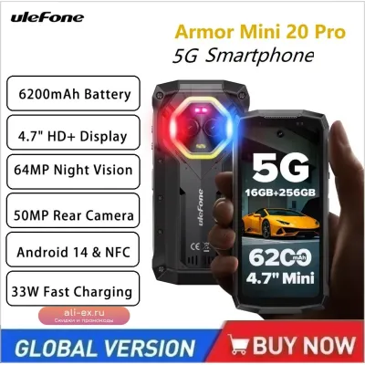 Ulefone Armor Mini 20 Pro 5G: Компактный защищенный смартфон Android 14, 8/256ГБ, 64МП ночная камера, 6200мАч, NFC