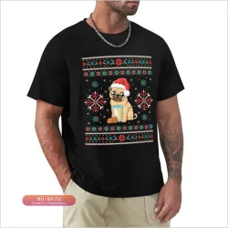 Смешная новогодняя футболка с мопсом "Merry Xmas" для мужчин (персонализированная)