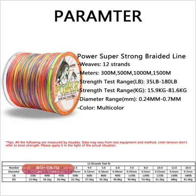 Плетёная Леска Power 12 Нитей 300-1500м, 16-82кг, Супер Прочная, Многоцветная PE, Японское Качество
