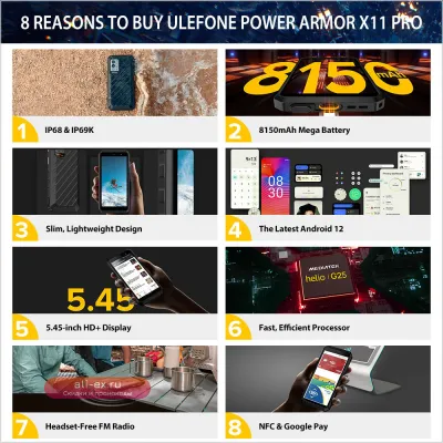 Ulefone Power Armor X11 Pro: Защищенный смартфон 8150 мАч, 64 ГБ, NFC, Wi-Fi 2.4/5 ГГц, глобальная версия