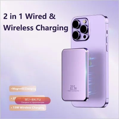 Slim Alloy 10000mAh 22.5W Магнитный Беспроводной Power Bank для iPhone 16/15, Samsung, MagSafe