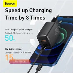 Baseus 20W PD Зарядное устройство Type-C + USB, Быстрая зарядка для iPhone, Xiaomi