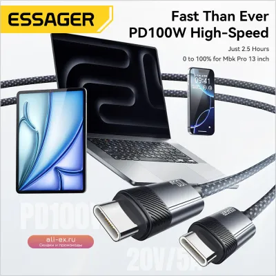 Кабель Essager USB-C PD 100W для быстрой зарядки iPad, MacBook, iPhone 16/15, Samsung, Xiaomi