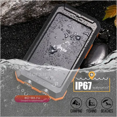 Power Bank 20000mAh Водонепроницаемый Солнечный Зарядочный Внешний Аккумулятор для iPhone, Huawei, Xiaomi, Samsung