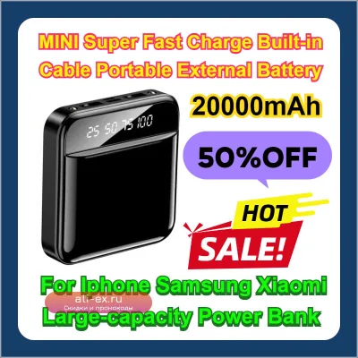 Power Bank 20000mAh MINI с кабелем, быстрая зарядка, портативный для iPhone, Samsung, Xiaomi