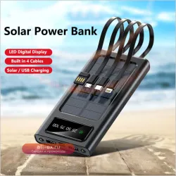 30000mAh Солнечный Power Bank Портативное Зарядное Устройство с Встроенными Кабелями и LED-фонарем для iPhone, Samsung, Xiaomi, Huawei