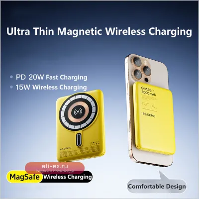 **Slim Magnetic Power Bank PD20W для iPhone/Samsung с беспроводной зарядкой**