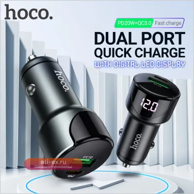 Автомобильное зарядное устройство Hoco Type-C PD 20W + USB QC3.0 18W с LED-дисплеем