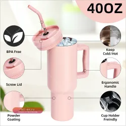 Термокружка 40oz из нержавеющей стали с ручкой, соломинкой и крышкой – сохраняет тепло и холод, BPA Free