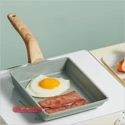 Антипригарная сковорода для яиц Rectangle Tamago, алюминий, деревянная ручка, омлет, японская/корейская, индукционная плита, квадратная