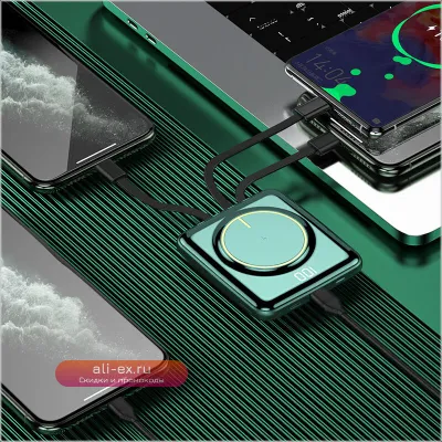 Портативный Power Bank 20000mAh с беспроводной зарядкой Qi и встроенным кабелем для iPhone, Samsung, Xiaomi