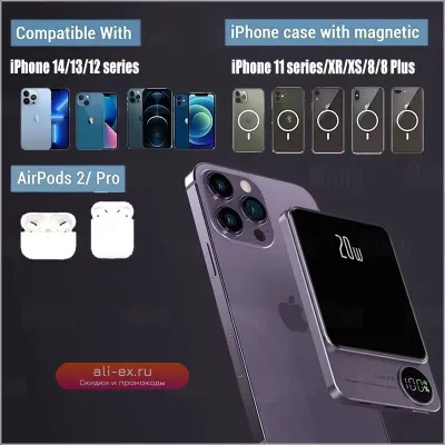 10000mAh Магнитный Power Bank 20W Беспроводная Быстрая Зарядка, Портативная Батарея для iPhone, Xiaomi, Samsung