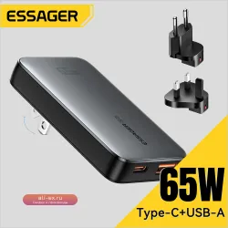 Essager Ультратонкое GaN Зарядное Устройство 65W, Быстрая Зарядка PD 3.0 PPS, Портативный Type-C для iPhone, Samsung, MacBook