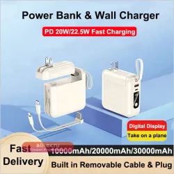 Power Bank 30000mAh с кабелем, быстрой зарядкой 22.5W и встроенной вилкой для iPhone, Samsung, Xiaomi