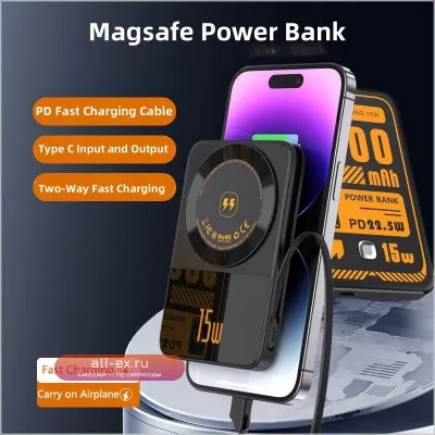 Magsafe Power Bank 10000mAh с беспроводной зарядкой PD20W для iPhone и Samsung